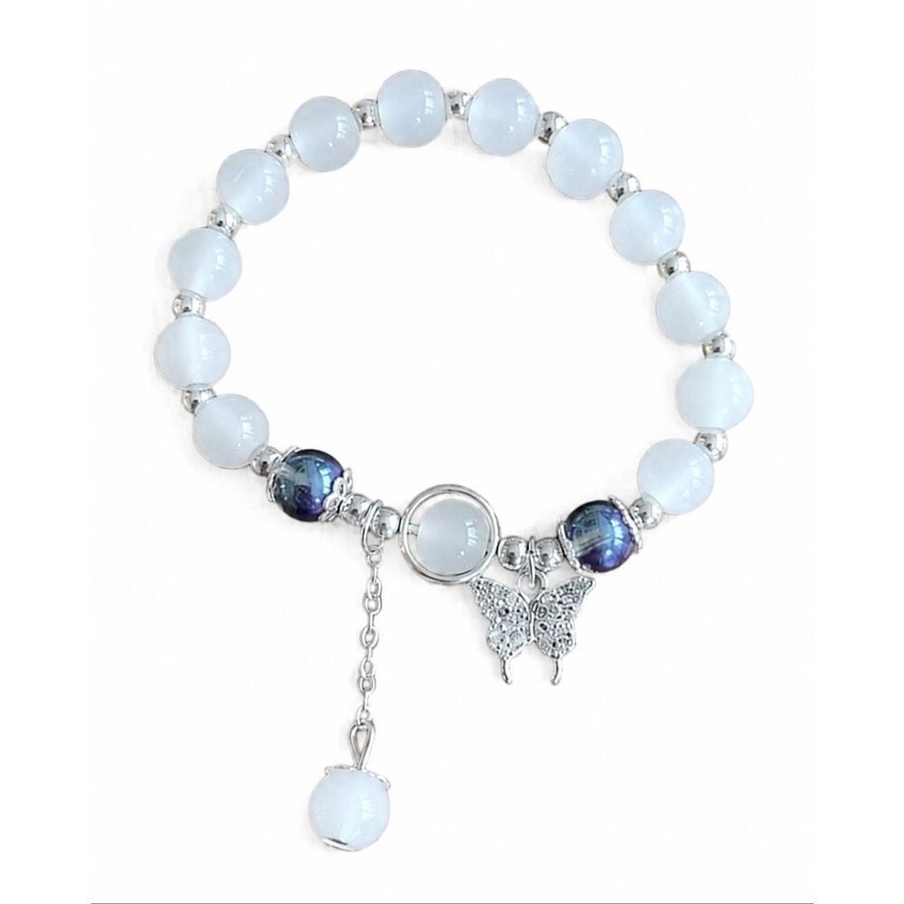 Milky White & Purple Beaded Bracelet with Butterfly Charm